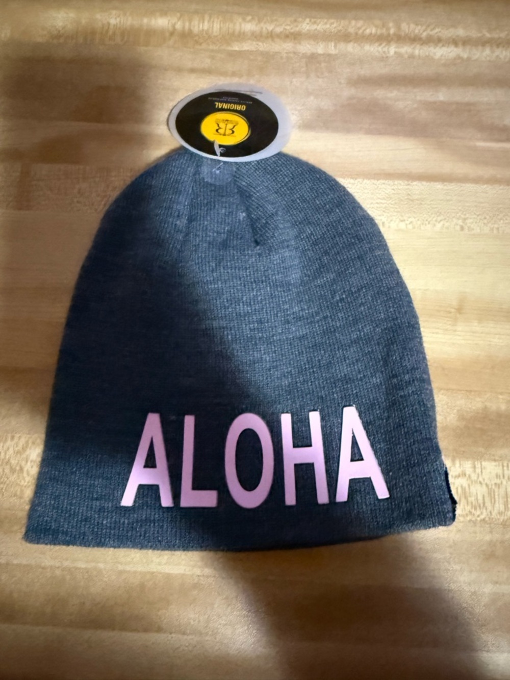 Robin Ruth Gray Beanie with Pink Lettering